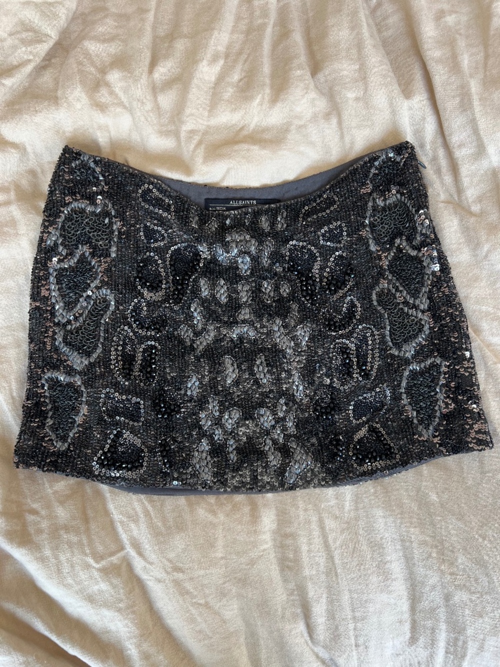 AllSaints Hand Embellished Sequin & Beaded Mini Skirt Black Silver UK 6 US 2
